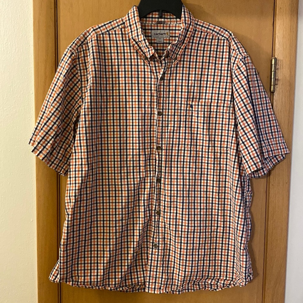 Carhartt Relaxed Fit Plaid Button Down Shirt Orange Navy Blue Size XXL 2XL